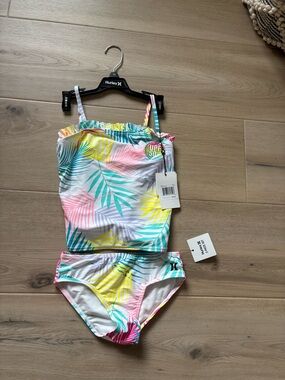 Hurley Girls' Tropical Leaf Tankini in Pink, Yellow & Teal sz M 10/12